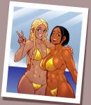  2girls absurdres akila_(ratedlforlewd) arm_around_waist arung_samudra_(cessa) bikini black_eyes black_hair breasts cleavage covered_nipples cowboy_shot dark-skinned_female dark_skin hairlocs half-closed_eyes highres izra large_breasts looking_at_viewer medium_breasts multiple_girls navel ombok_diving_and_delivery_services open_mouth original second-party_source short_hair smile swimsuit v yellow_bikini 