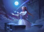  1girl balcony black_bow blonde_hair bow celes_chere closed_eyes dress english_commentary final_fantasy final_fantasy_vi grace_zhu hair_bow magic:_the_gathering moon music official_alternate_costume official_alternate_hairstyle official_art open_mouth ponytail shooting_star singing solo white_dress 