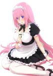 1girl apron black_bow black_bowtie black_dress black_shoes bocchi_the_rock! bow bowtie breasts cleavage commentary_request detached_collar dress empty_eyes eyes_visible_through_hair frilled_dress frills gotoh_hitori highres large_breasts long_hair maid maid_headdress onigirikun pantyhose pink_hair puffy_short_sleeves puffy_sleeves purple_eyes shoes short_sleeves sitting solo stain underbust very_long_hair vomit waist_apron white_pantyhose wrist_cuffs yokozuwari 