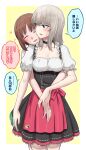  2girls alternate_costume animal_print apron bangs bear_print black_choker black_dress blue_eyes blush boko_(girls_und_panzer) border brown_hair choker closed_eyes commentary dirndl dress eyebrows_visible_through_hair frilled_sleeves frills german_clothes girls_und_panzer heart highres hug hug_from_behind itsumi_erika light_frown looking_at_another looking_back medium_hair multiple_girls nishizumi_miho ogi_non open_mouth outside_border puffy_short_sleeves puffy_sleeves red_apron short_dress short_hair short_sleeves silver_hair smile standing sweatdrop translated waist_apron white_border yellow_background yuri 