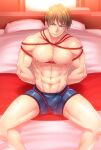  1boy abs bara bdsm bed blue_eyes blue_male_underwear bondage bound bound_arms boxer_briefs brown_hair bulge clenched_teeth erection erection_under_clothes feet_out_of_frame large_pectorals looking_at_viewer male_focus male_underwear manly muscular muscular_male navel nipples on_bed original pectorals pillow red_rope restrained rope short_hair sitting sitting_on_bed solo spread_legs teeth thick_thighs thighs underwear underwear_only xxxxchild yaoi 