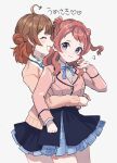  2girls ahoge black_overskirt blazer blue_eyes blue_overskirt blue_ribbon blush breasts brown_hair cardigan closed_eyes closed_mouth cropped_jacket gakuen_idolmaster gradient_hair hair_bun hanami_saki hanami_ume hatsuboshi_gakuen_school_uniform highres hug idolmaster jacket leon0630claude long_hair long_sleeves looking_at_viewer multicolored_hair multiple_girls neck_ribbon open_mouth pink_cardigan pink_jacket red_hair ribbon school_uniform shirt siblings simple_background single_side_bun sisters skirt smile white_background white_shirt 