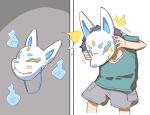 alarmed animal_mask animate_inanimate blue_fire bottomwear cargo_shorts clothing colored_fire comic covered_eyes covered_face duo fan_character fire floating_mask fox_mask foxfire green_clothing green_shirt green_topwear grey_background grey_hair hair human konoe_anim living_mask male mammal mask panicking shirt shorts simple_background topwear wearing_mask white_background