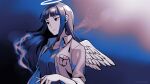  1girl angel angel_wings asada_hachi bangs banned_artist black_eyes blue_background blue_shirt blunt_bangs breasts cigarette collarbone commentary feathered_wings from_side gradient gradient_background grey_jacket grey_wings haibane_renmei halo highres holding holding_cigarette jacket limited_palette long_hair mini_wings open_clothes open_jacket parted_lips reki_(haibane) shiny shiny_hair shirt simple_background sleeves_rolled_up smoke smoking solo twitter_username upper_body watermark wings 