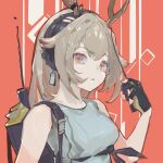 1girl arknights bangs bare_arms black_gloves black_hairband brown_hair commentary deer_antlers earrings english_commentary expressionless firewatch_(arknights) firewatch_(wilted_cypress)_(arknights) gloves grey_shirt hairband hand_up highres holding_walkie-talkie jewelry long_hair looking_at_viewer multicolored multicolored_eyes official_alternate_costume orange_background red_eyes shirt shoulder_strap solo upper_body walkie-talkie yellow_eyes zygocactus 