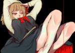  1girl absurdres arms_behind_head ascot bare_legs barefoot black_dress blonde_hair blood collared_shirt dress hair_ribbon highres looking_to_the_side mi_ri_000 red_eyes red_neckwear red_ribbon ribbon rumia shirt short_hair solo touhou white_shirt 