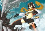  1girl belt black_shorts boots breasts brown_eyes brown_hair character_request check_character cloud cloudy_sky dated_commentary day denchuubou explosion feet_out_of_frame fling goggles goggles_on_head headphones medium_breasts medium_hair midriff open_mouth original scarf shorts skull sky smoke tank_top teeth thigh_boots thighhighs yellow_scarf 