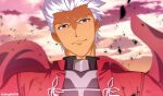  1boy akujiki59 archer_(fate) artist_name blurry brown_eyes cape closed_mouth cloud commentary_request dark-skinned_male dark_skin fate_(series) furrowed_brow looking_at_viewer looking_down male_focus official_style outdoors red_cape ribbon rock short_hair sky smile solo twilight upper_body watermark white_hair white_ribbon 