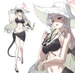  1girl absurdres bikini black_bikini black_sarong blue_archive breasts commentary_request demon_girl demon_tail demon_wings eyewear_on_head halo haruna_(blue_archive) hat highres holding holding_removed_eyewear large_breasts long_hair multiple_views navel open_mouth red_eyes red_halo sandals sarong single_wing stomach straw_hat sunglasses sunnysideup swimsuit tail unworn_eyewear white_hair wings 