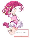  1girl :d ankle_boots bibimaru_1101 boots bow cure_dream fingerless_gloves floating_hair flower full_body gloves hair_bow hair_flower hair_ornament hair_rings hand_up high_heel_boots high_heels highres jacket kneehighs long_hair looking_at_viewer magical_girl pink_boots pink_hair pink_jacket pink_shorts precure puffy_short_sleeves puffy_sleeves purple_eyes shirt short_shorts short_sleeves shorts shorts_under_skirt simple_background skirt sleeveless sleeveless_jacket smile socks solo two_side_up white_background white_shirt white_skirt yellow_gloves yes!_precure_5 yumehara_nozomi 