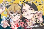  2girls baby_walkure black_eyes black_hair black_jacket blonde_hair blue_jacket blush bow bowtie brown_eyes cheek_pull cheek_squash closed_mouth commentary_request drawn_ears drawn_eyewear drawn_nose drawn_whiskers fukagawa_mahiro hand_up highres jacket long_hair long_sleeves looking_at_viewer multiple_girls red_bow red_bowtie short_hair sugimoto_chisato translation_request upper_body v yellow_background yuzuriha_asagi 
