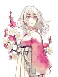  1girl akagi_shun bangs branch cherry_blossoms flower japanese_clothes long_sleeves looking_away medium_hair original parted_lips pink_eyes pink_shirt sash shirt simple_background skirt solo white_background white_eyelashes white_hair white_sash white_skirt 