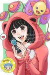  1boy 1girl 1other animal_ear_hood animal_ears black_eyes black_hair bob_cut brown_eyes california_king_bed cha_u chess_piece chibi chibi_inset commentary commentary_request dixie_cup_hat english_text fake_animal_ears flower flower_ornament hat heart higashikata_daiya higashikata_josuke_(jojolion) highres holding holding_chess_piece hood hood_up hoodie jojo_no_kimyou_na_bouken jojolion military_hat open_mouth pink_flower pink_hoodie sailor_hat short_hair smile spoken_character spoken_heart stand_(jojo) sweatdrop white_hat yellow_lips 