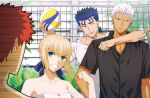  1girl 3boys akujiki59 archer_(fate) arm_around_neck artoria_pendragon_(fate) ball bangs blonde_hair blue_hair breasts cleavage clenched_hand collarbone collared_shirt commentary_request cu_chulainn_(fate) cu_chulainn_(fate/stay_night) dark-skinned_male dark_skin day emiya_shirou fate/stay_night fate_(series) green_eyes hand_up holding holding_ball multiple_boys orange_hair outdoors ponytail saber shirt short_hair spiked_hair strapless tubetop white_hair white_shirt 