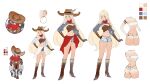  1girl absurdres ass bandana blonde_hair blue_eyes boots breasts bugie character_sheet commission commissioner_upload cowboy_boots cowboy_hat earrings gloves hat highres jewelry multiple_views original robot serenity_(dendroai) shoes short_shorts shorts thighs 