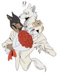 3_heads anthro bodily_fluids bouquet canid canine canis claws clothing collared_shirt cute_fangs domestic_dog fangs finger_claws flower flower_bouquet folded_ears formal_wear group hi_res jacket kemono male male/male mammal multi_head plant pointy_ears red_rose riseidokokana romantic romantic_couple shirt simple_background surprised_expression sweat sweatdrop teeth topwear trio