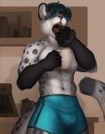 anthro black_body black_fur black_pawpads boxer_briefs boxer_briefs_only bulge cabinet clothed clothing coffee_machine coffee_mug colored container cup dipstick_tail eyes_closed felid feline fur grey_body grey_fur hair ice_in_summer_(sftsl) leopard_spots male mammal markings messy_hair mug muscular muscular_male okamibley open_mouth panthera pantherine partially_clothed partially_clothed_anthro partially_clothed_male pawpads pink_nose snow_leopard solo spots tail tail_markings teal_hair topless underwear underwear_only white_body white_fur yawn