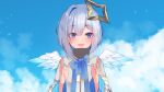  1girl :d amane_kanata bangs black_shirt blue_bow blue_hair blue_sky blush bow clapping cloud eyebrows_visible_through_hair feathered_wings frilled_sleeves frills grey_jacket hair_between_eyes hands_up high_collar highres hololive jacket long_sleeves looking_at_viewer mini_wings multicolored_hair neon_genesis_evangelion open_mouth parody plaid purple_eyes shirt silver_hair sky smile solo two-tone_hair upper_body virtual_youtuber white_wings wide_sleeves wings yoshiheihe 