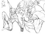  1boy 1girl animal_print bare_shoulders bat_print bodysuit breasts bridal_gauntlets clothing_cutout collarbone cutout_above_navel darkstalkers demon_girl demon_wings foot_out_of_frame fur-trimmed_leotard fur_trim greyscale head_wings heart_cutout highleg highleg_leotard holding_hands large_breasts leotard long_hair marvel marvel_vs._capcom monochrome morrigan_aensland multiple_wings open_mouth pantyhose print_pantyhose simple_background smile spider-man spider-man_(series) teeth tomo_eokaiteru upper_teeth_only white_background wings 