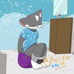 &gt;_&lt; absurd_res anthro bathroom breath clothing clothing_pull diaper diaper_around_ankles diaper_down eyes_closed feces grunting hi_res male nekomew nekomew&#039;s_potty_trouble pooping potty potty_chair potty_training pull-ups_(diaper) shaded shirt shirt_pull simple_shading solo srcfur topwear topwear_pull watermark