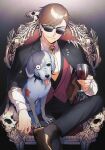  1boy alcohol animal_skull bangs bliss_(ferment_factory) bone brown_hair collared_shirt commentary crossed_legs cup dog dog_on_lap drinking_glass english_commentary highres holding holding_cup jacket jacket_on_shoulders long_sleeves male_focus mixed-language_commentary necktie pants red_vest romero_(zombie_land_saga) shirt shoes short_hair sitting skeleton skull socks sunglasses tatsumi_koutarou throne tongue tongue_out vest wine wine_glass yellow_neckwear zombie zombie_land_saga 