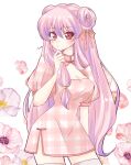  1girl china_dress chinese_clothes cleavage_cutout clothing_cutout double_bun dress long_hair puffy_short_sleeves puffy_sleeves purple_hair ranma_1/2 red_eyes shampoo_(ranma_1/2) short_dress short_sleeves side_slit solo thighhighs uehara_doh 