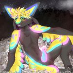 2025 4_ears absurd_res animal_genitalia anthro arm_tuft avali balls biped black_body black_eyebrows black_eyeliner blue_penis blush blush_lines bodily_fluids cheek_tuft chest_tuft colored cuddly_(avali) cum digital_drawing_(artwork) digital_media_(artwork) erection eyebrows eyelashes eyeliner facial_markings facial_tuft feathered_wings feathers femboy floppy_ears flower fur genital_fluids genitals glowing glowing_eyes glowing_genitalia glowing_hair glowing_markings glowing_penis green_eyes grey_body grey_fur hair head_markings hi_res light lighting looking_at_viewer makeup male markings meadow multi_ear multicolored_body multicolored_markings night nude open_mouth outdoor_nudity outside penis pink_penis pinup plant plantigrade pose precum pupils rainbow_markings shaded shoulder_tuft signature skinny sky slim smile solo teeth tongue tuft twinkworshiper8 winged_arms wings yellow_body yellow_feathers yellow_fur