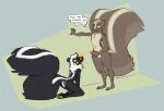 anthro big_tail black_body black_fur blue_background blush bodily_fluids brown_body brown_fur dominant dominant_anthro dominant_male duo ear_piercing ear_tag fur genital_fluids genitals green_background holding_penis kneeling male male/male mammal mephitid nude_anthro nude_male peeing peeing_on_another penis piercing simple_background skunk speech_bubble submissive submissive_anthro submissive_male tail urine urine_on_face urine_stream vanilla_(vanillayote) vanillayote watersports white_body white_fur