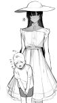  2boys bald bangs crossdressing dress genderswap genderswap_(ftm) greyscale hasshaku-sama hat height_difference highres long_hair monochrome multiple_boys nuntarou_(niudon_kajika) original sun_hat sundress translation_request urban_legend 