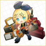  1girl :o aqua_eyes bangs bare_shoulders black_bow black_gloves black_legwear black_shorts black_star_(module) blonde_hair bow chibi commentary couch crop_top electric_guitar full_body gloves grey_shirt grid_background guitar hair_bow hair_ornament hairclip headphones holding holding_instrument instrument kagamine_rin kodoku_no_hate_(vocaloid) leg_warmers looking_at_viewer music necktie open_mouth playing_instrument project_diva_(series) shirt short_hair shorts sleeveless sleeveless_shirt solo soriku swept_bangs television v-shaped_eyebrows vocaloid white_background yellow_neckwear 