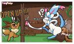 5:3 ambiguous_gender bathroom covering covering_crotch dialogue digital_media_(artwork) door door_handle doorknob duo eevee eeveelution emanata embarrassed exclamation_point fairyfudge feces feral generation_1_pokemon generation_6_pokemon knocking_on_door nintendo pokemon pokemon_(species) pooping pooping_in_toilet quadruped question_mark ribbons_(anatomy) shiny_pokemon signature sound_effects sylveon tears_of_desperation toilet_use tree_stump tremble_spikes vowelless vowelless_sound_effect wide_eyed