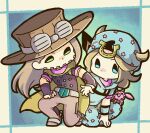  1other 2boys absurdres beard belt belt_buckle blonde_hair blue_eyes blue_hat blue_hoodie blue_pants bridal_gauntlets brown_hair brown_hat buckle cape chibi colored_skin commentary facial_hair goggles goggles_on_headwear green_eyes grey_belt grey_pants gyro_zeppeli hat highres hood hood_down hoodie horseshoe horseshoe_hat_ornament johnny_joestar jojo_no_kimyou_na_bouken kneeling long_hair m_a_a_m_8 male_focus medium_hair multiple_boys on_one_knee pants pink_skin purple_bridal_gauntlets purple_shirt shirt short_sleeves spurs stand_(jojo) star_(symbol) star_print steel_ball_run tusk_(stand) tusk_act1 two-tone_sleeves yellow_cape 