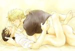  2boys anal barefoot black_hair blonde_hair bottomless closed_eyes eyes_closed fullmetal_alchemist heavy_breathing jean_havoc lying male male_focus multiple_boys on_back open_clothes open_shirt panting roy_mustang sex shirt white_shirt yaoi 