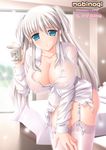  blue_eyes breasts bursting_breasts cleavage dress_shirt garter_belt hair_ribbon highres huge_breasts kafu lace lace-trimmed_thighhighs lingerie long_hair mabinogi nao_(mabinogi) nipples panties ribbon see-through shirt silver_hair smile thighhighs twintails unbuttoned underwear white_legwear 