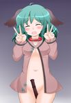  animal_ears arlonn bamboo between_legs blush bottomless breasts censored closed_eyes collar convenient_censoring double_v fang green_hair highres kasodani_kyouko medium_breasts midriff navel no_bra open_clothes open_mouth open_shirt shirt short_hair solo touhou v 