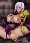  armor black_panties blue_eyes breasts censored dark_skin deep_grand elbow_gloves gauntlets gloves highres isabella_valentine large_breasts mosaic_censoring panties panties_aside pubic_hair pussy solo soulcalibur spread_legs spread_pussy tongue underwear white_hair 
