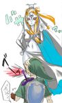  blood blue_skin cape front_ponytail grey_skin hood inumimi_moeta link long_hair midna midna_(true) midriff no_panties nosebleed orange_hair pointy_ears red_eyes spoilers the_legend_of_zelda the_legend_of_zelda:_twilight_princess wind wind_lift 