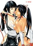  bdsm black_hakama bleach bondage bound bound_wrists breasts cleavage collar cover cover_page dark_skin doujin_cover gloves hakama hasumi_hiro highres japanese_clothes large_breasts leash licking medium_breasts multiple_girls nipples ponytail separated_wrists shihouin_yoruichi short_hair_with_long_locks sui-feng torn_clothes yuri 