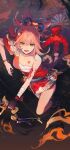  1girl arm_tattoo bandaged_arm bandaged_leg bandages black_gloves blonde_hair bow_(weapon) bracelet chest_sarashi chest_tattoo commentary fingerless_gloves flower_tattoo from_above genshin_impact gloves hadanugi_dousa hair_ornament harikoe holding holding_bow_(weapon) holding_weapon japanese_clothes jewelry kimono looking_at_viewer looking_up nail_polish obi obiage open_mouth orange_kimono orange_nails rope sarashi sash shimenawa single_glove solo symbol-only_commentary tattoo vision_(genshin_impact) weapon yellow_eyes yoimiya_(genshin_impact) 