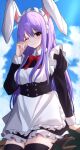  .me 1girl alternate_costume animal_ears apron bangs blue_sky closed_mouth cloud commentary_request day enmaided eyebrows_visible_through_hair highres long_sleeves looking_at_viewer maid maid_apron maid_headdress one_eye_closed puffy_long_sleeves puffy_sleeves purple_hair rabbit_ears red_eyes reisen_udongein_inaba sky solo touhou white_apron 