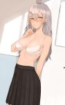  1girl bangs bare_arms bare_shoulders black_skirt blush bra breasts brown_eyes cleavage eyebrows_visible_through_hair finger_to_mouth grey_hair hair_between_eyes hand_up highres indoors long_hair medium_breasts navel no_shirt original parted_lips pleated_skirt shushing skirt solo throtem underwear very_long_hair white_bra window 