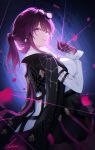  1girl ass black_jacket breasts chest_harness dutch_angle eyewear_on_head falling_petals from_behind gloves hand_up harness high-waist_shorts highres honkai:_star_rail honkai_(series) jacket kafka_(honkai:_star_rail) large_breasts looking_at_viewer looking_back pantyhose petals pince-nez ponytail purple_eyes purple_gloves purple_hair purple_pantyhose shirt shorts signature smile solo spider_web_print takimii thread vignetting white_shirt 