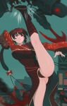  battle black_dress black_panties breasts closed_mouth double_bun dress hair_bun high_kick highres jia_xichun_(project_moon) kicking limbus_company multicolored_hair panties pink_eyes project_moon red_shrug spread_legs streaked_hair twintails underwear wangxiii white_hair wide_spread_legs 