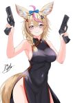  1girl animal_ears bare_shoulders beretta_92 beretta_px4 black_dress blonde_hair breasts club_(shape) cowboy_shot dress dual_wielding fox_ears fox_girl fox_tail gun handgun heart highres holding holding_gun holding_weapon hololive medium_breasts omaru_polka purple_eyes rijeka1918 sideboob signature simple_background solo spade_(shape) tail trigger_discipline virtual_youtuber weapon white_background 