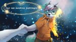 16:9 ambiguous_gender anthro black_nose blue_body blue_eyes blue_fur blue_hair bottomwear brown_bottomwear brown_clothing brown_pants canid canine clothed clothing duo english_text eyewear fangs fur glasses hair hand_holding hi_res horn kuttoyaki male male_anthro mammal multicolored_hair open_mouth orange_clothing orange_topwear pants pink_hair solo_focus teeth text topwear white_body white_fur white_hair white_horn widescreen