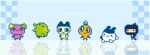  3boys 3girls :3 animal_ears animated animated_gif artsy_vii aseprite_(medium) colored_skin commentary creature creature_focus dancing flower flowertchi gozarutchi green_skin highres kuchipatchi mametchi memetchi mimitchi multiple_boys multiple_girls ninja orange_skin pink_skin pixel_art reflection running spinning tamagotchi tamagotchi_(creature) tamagotchi_connection yellow_skin 