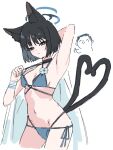  1boy 1girl animal_ears arm_behind_head armpits bakeneko bikini black_eyes blue_archive blue_bikini blue_halo cat_ears cat_girl cat_tail criss-cross_halter doodle_sensei_(blue_archive) halo halterneck heart heart_tail highres kikyou_(blue_archive) kikyou_(swimsuit)_(blue_archive) layered_bikini looking_at_viewer multi-strapped_bikini_bottom multiple_tails official_alternate_costume sensei_(blue_archive) smile string_bikini swimsuit tail takamalu08_12 thumbs_up two_tails white_background 