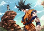  2boys blue_bodysuit blue_sash blue_shirt bodysuit boots crossed_legs dougi dragon_ball dragon_ball_z gloves highres male_focus medium_hair multiple_boys muscular muscular_male orange_pants orange_shirt pants saiyan_armor sash shirt son_goku spiked_hair standing stmt_tmtk vegeta white_boots white_gloves 