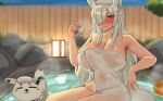  1girl animal_ear_fluff animal_ears blush breasts choko_(cup) cleavage closed_mouth collarbone covered_navel cup discordia_(vtuber) fence fox fox_ears fox_girl fox_tail hair_over_one_eye highres holding holding_cup indie_virtual_youtuber large_breasts long_hair naked_towel onsen red_eyes second-party_source sweat tail towel virtual_youtuber water wet wet_towel white_hair wooden_fence yobi_(ybpac18) 