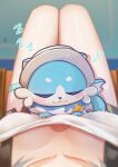  1girl absurdres animal_on_lap black_skirt breasts breasts_apart bubbles_(honkai:_star_rail) chimera_(honkai:_star_rail) commentary_request downblouse female_pov grey_hair highres honkai:_star_rail honkai_(series) medium_breasts memeiradesuyo on_chair on_lap pov pov_breasts shirt sitting skirt sleeping_animal squeans stelle_(honkai:_star_rail) thigh_strap trailblazer_(honkai:_star_rail) white_shirt zzz 